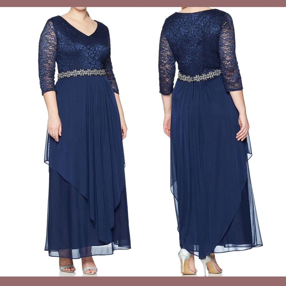 NEW Alex Evenings [ PLUS 18W ] V-Neck Lace Embellished‎ Waist Gown